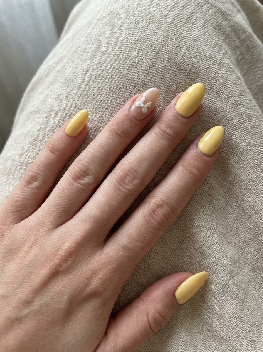 Buttery Yellow Bow Detail Nails mit zartem Schleifenakzent